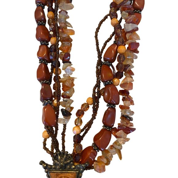 Carnelian Stone Multi-Strand Necklace With Ornate Cross Pendant & Metal Accents - Picture 4 of 8